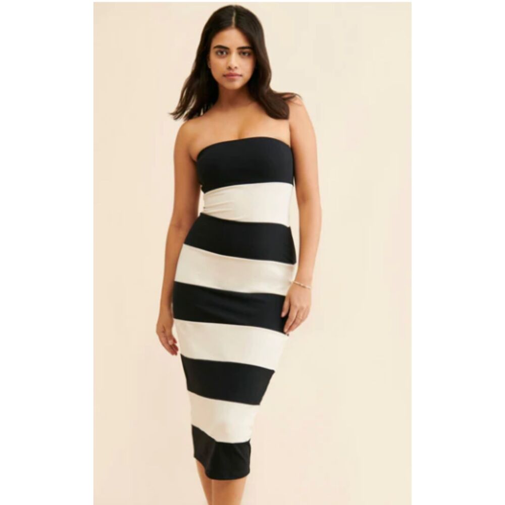 Susana Monaco Striped Black and White Tube Midi Bodycon Dress,